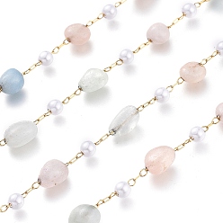 Morganite 304 Stainless Steel Link Chains, with Glass Pearl & Natural Morganite Nuggets Beads, Long-Lasting Plated, Unwelded, with Spool, Golden, Stone: 5~9.5x5~11x3.5~7.5mm, about 32.8 Feet(10m)/roll