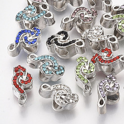Mixed Color Platinum Plated Alloy European Beads, with Rhinestones, Large Hole Beads, Treble Clef, Mixed Color, 14x7x9mm, Hole: 4.5mm