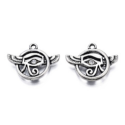 Antique Silver Tibetan Style Alloy Pendants, with Crystal Rhinestone, Cadmium Free & Lead Free, Flat Round with Wing & Eye of Horus, Antique Silver, 19x24x3mm, Hole: 1.8mm