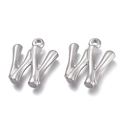 Letter W 304 Stainless Steel Pendants, Bamboo Shaped Letter, Stainless Steel Color, Letter.W, 17.5~19x10~16x3~4mm, Hole: 1.8~2mm