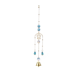Evil Eye Faceted Glass Teardrop & Octagon Hanging Suncatcher, Iron Bell Wind Chime, with Jump Ring, Evil Eye Pattern, 300x2mm, Hole: 10mm, Pendant: 210x39.5x24.5mm
