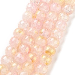Pink Baking Painted Crackle Glass Bead Strands, with Gold Powder, Round, Pink, 8mm, Hole: 1.2mm, about 103pcs/strand, 30.08~30.7''(76.4~78cm)