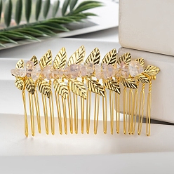 Rose Quartz Leaf Natural Rose Quartz Chips Hair Combs, with Iron Combs, Hair Accessories for Women Girls, 45x80x10mm