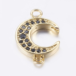 Real 18K Gold Plated Brass Micro Pave Cubic Zirconia Links, Moon, Real 18K Gold Plated, 16.5x11x2mm, Hole: 1.5mm