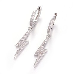 Platinum Brass Leverback Earrings, Flash Earrings, with Cubic Zirconia, Lightning Bolt, Clear, Platinum, 40mm, Pin: 1mm