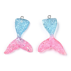 Hot Pink Resin Pendants, with Glitter Powder and Iron Findings, Mermaid Tail Shape, Platinum, Hot Pink, 46x30x6mm, Hole: 2mm