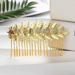 Fluorite Leaf Natural Fluorite Chips Hair Combs, with Iron Combs, Hair Accessories for Women Girls, 45x80x10mm