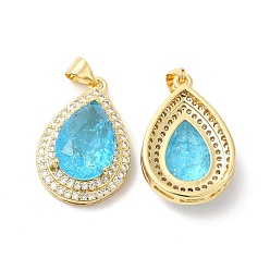 Sky Blue Real 16K Gold Plated Brass Micro Pave Cubic Zirconia Pendants, with Glass, Teardrop Charms, Sky Blue, 23.5x16x7mm, Hole: 5x3.5mm