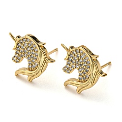 Real 18K Gold Plated Rack Plating Brass Unicorn Stud Earrings with Cubic Zirconia, Lead Free & Cadmium Free, Real 18K Gold Plated, 13.5x13mm