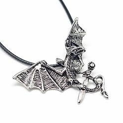 Antique Silver Alloy Pendant Necklaces, with Waxed Cord and Iron End Chains, Dragon, Antique Silver, 17.3 inch(44cm)