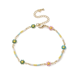 Colorful Handmade Brass Daisy Flower Link Chain Anklet for Women, Colorful, 11-3/8 inch(28.9cm)