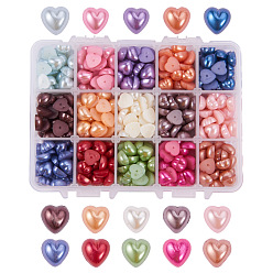 Mixed Color Acrylic Pearl Cabochons, Dyed, Heart, Mixed Color, 9~9.5x9~9.5x5mm, about 35pcs/color, 525pcs/box, packaging box: 14x10.8x3cm