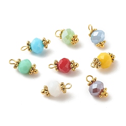 Mixed Color Faceted Imitation Jade Glass Charms, with Alloy Flower Daisy Spacer Beads and Brass Findings, Rondelle, Golden, Mixed Color, 10~10.5x6mm, Hole: 1.2mm