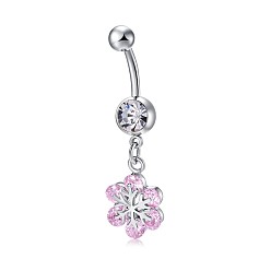 Pearl Pink Piercing Jewelry, Brass Cubic Zirconia Navel Ring, Navel Ring Belly Rings, with 304 Stainless Steel Bar, Lead Free & Cadmium Free, Flower, Platinum, Pearl Pink, 42x10mm, Bar Length: 3/8"(10mm), Bar: 14 Gauge(1.6mm)