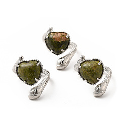 Unakite Coeur en unakite naturel avec anneau de manchette ouvert serpent, bijoux en laiton platine pour femme, taille us 8 1/2 (18.5 mm)