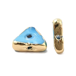 Bleu Ciel Foncé Laiton perles d'émail, plaqué longue durée, réel 18 k plaqué or, triangle avec motif mauvais œil, bleu profond du ciel, 10~11.5x13~13.5x4~5mm, Trou: 1.6~1.8mm