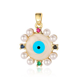 Real 18K Gold Plated Brass Micro Pave Cubic Zirconia Pendants, with Enamel Evil Eye & Plastic Imitation Pearl, Random Color, Real 18K Gold Plated, 22x19x4.2mm