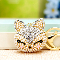 Crystal Full Rhinestone Fox Head Pendant Keychain, with Zinc Alloy Findings, for Women's Bag Pendant Decorations, Crystal, 100mm