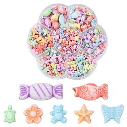 Mixed Color 260Pcs 7 Style Craft Style Acrylic Beads, Fish & Candy & Flower & Starfish & Butterfly & Bear, Mixed Color, 7~16.5x6~15x3~7mm, Hole: 1.5~3mm