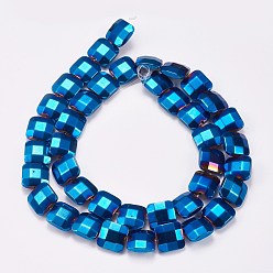 Blue Plated Electroplated Non-magnetic Synthetic Hematite Beads Strands, Faceted, Square, Blue Plated, 10x10x4mm, Hole: 1mm, about 40pcs/strand, 15.9 inch(40.5cm)