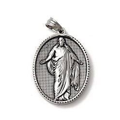 Antique Silver Tibetan Style 304 Stainless Steel Pendants, Religion, Oval with Man Pattern Charms, Antique Silver, 35.5x26x3.5mm, Hole: 5x7mm