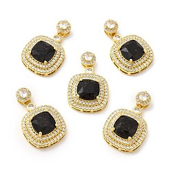 Black Rack Plating Brass & Crushed Ice Cut Cubic Zirconia Pendants, with Rhinestone, Real 14K Gold Plated, Cadmium Free & Lead Free, Rounded Square Charm, Black, 25x18.5x8mm, Hole: 2.5x4mm