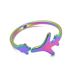 Rainbow Color Placage ionique (ip) 304 anneau de manchette ouvert étoile et avion en acier inoxydable pour femme, couleur arc en ciel, taille us 6 (16.5 mm)