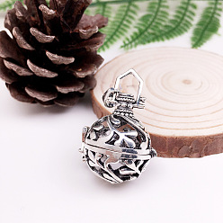 Antique Silver Tibetan Style Brass Bead Cage Pendants, with Random Style Snap on Bails, for Chime Ball Pendant Necklaces Making, Hollow Round Charm, Antique Silver, 22mm, Inner Diameter: 18mm