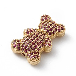 Deep Pink Real 18K Gold Plated Rack Plating Brass Micro Pave Cubic Zirconia Beads, Long-Lasting Plated, Cadmium Free & Lead Free, Bear, Deep Pink, 20.5x13x6mm, Hole: 1.6mm