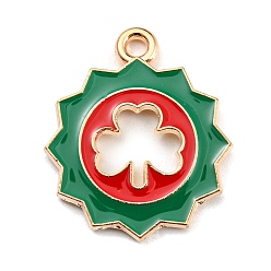 Red Saint Patrick's Day Alloy Enamel Pendants, Light Gold, Flower with Clover Charm, Red, 22x19x1.5mm, Hole: 2mm