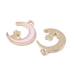 Perlas de Color Rosa Colgantes de la aleación del esmalte, la luz de oro, dije luna con gato, rosa perla, 19.5x14.5x1.5 mm, agujero: 2 mm