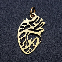 Golden 201 Stainless Steel Pendants, Anatomical Organ Heart Shape, with Unsoldered Jump Rings, Golden, 20x12x1mm, Hole: 3mm, Jump Ring: 5x0.8mm