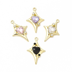 Mixed Color Rack Plating Alloy with Glass Pendants, Star with Heart Charms, Light Gold, Cadmium Free & Nickel Free & Lead Free, Mixed Color, 30.5x19.5x5mm, Hole: 1.8mm