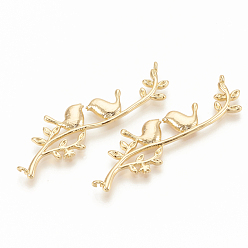 Real 18K Gold Plated Brass Links connectors, Branch and Leaves with Bird, Nickel Free, Real 18K Gold Plated, 46x13.5x2mm, Hole: 1mm