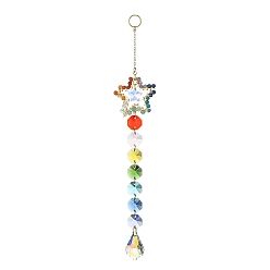 Star Glass Teardrop Pendant Decorations, Hanging Suncatchers, with Octagon Glass Link and Natural Gemstone, for Home Decorations, Star, 232mm