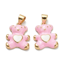 Pink Brass Enamel Pendants, Real 18K Gold Plated, Long-Lasting Plated, Bear with Heart, Pink, 18x13.5x4mm, Hole: 5x3.5mm