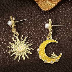 Or Boucles d'oreilles asymétriques lune et soleil en émail avec perles en plastique, Boucles d'oreilles pendantes en alliage doré pour femme, or, 35~36mm