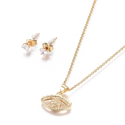 Golden 304 Stainless Steel Jewelry Sets, Brass Micro Pave Cubic Zirconia Pendant Necklaces and 304 Stainless Stud Earrings, with Plastic Ear Nuts/Earring Back, Eye, Clear, Golden, 17.72 inch(45cm), 1.5mm, 15x5.5mm, Pin: 0.7mm