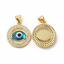 Dark Turquoise Rack Plating Real 18K Gold Plated Brass Micro Pave Clear Cubic Zirconia Pendants, with Handmade Lampwork, Cadmium Free & Lead Free, Long-Lasting, Flat Round with Evil Eye, Dark Turquoise, 20x17.5x3.5mm, Hole: 5.5x4mm