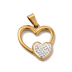Golden Vacuum Plating 201 Stainless Steel Pendants, Polymer Clay Rhinestone Heart Charms, Golden, 22x21x3mm, Hole: 7x3.5mm