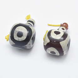 Couleur Mélangete Agate naturelle de dzi, 3 perles trou gourou, perles t-percées, pour la fabrication de bijoux bouddhiste, couleur mixte, 30~31x21x19.5mm, Trou: 2mm