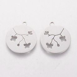Stainless Steel Color 201 Stainless Steel Pendants, Flat Round with Flower, Stainless Steel Color, 20x18x1.1mm, Hole: 1.5mm