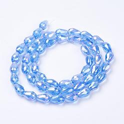 Light Sky Blue Electroplate Glass Beads Strands, AB Color Plated, Faceted Teardrop, Light Sky Blue, 7x5mm, about 65~67pcs/strand, 18~18.5 inch(45.5~46.9cm)