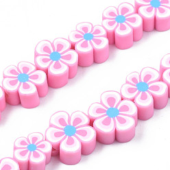Pearl Pink Handmade Polymer Clay Bead Strands, Flower, Pearl Pink, 7.5~10x7~11x3.5~5mm, Hole: 1.6mm, about 38~40pcs/strand, 13.58 inch~14.57 inch(34.5~37cm)