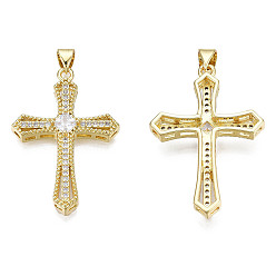 Clear Brass Micro Pave Cubic Zirconia Pendants, with Brass Snap on Bails, Real 18K Gold Plated, Nickel Free, Cross, Clear, 35.5x24x5.5mm, Hole: 3x5mm