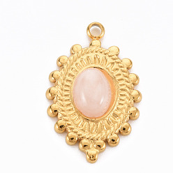 Pink 304 Stainless Steel Pendants, with Natural Jade, Oval, Pink, 23.5x15x4~5mm, Hole: 1.8mm