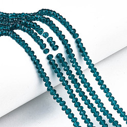 Cyan Foncé Chapelets de perles en verre, facette, rondelle, dark cyan, 4x3mm, Trou: 0.4mm, Environ 123~127 pcs/chapelet, 16.5~16.9 pouce (42~43 cm)
