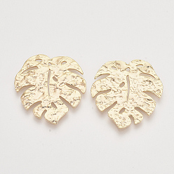 Real 18K Gold Plated Brasss Pendants, Tropical Leaf Charms, Nickel Free, Real 18K Gold Plated, Monstera Leaf, Bumpy, 30x29x1.5mm, Hole: 1.2mm