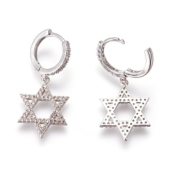 Platinum Brass Cubic Zirconia Hoop Earrings, Dangle Earrings, for Jewish, Star of David, Clear, Platinum, 35.5mm, Pendant: 20x15.5x2mm, Pin: 1mm