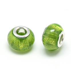 Vert Jaune Résine perles européennes, Perles avec un grand trou   , avec noyaux en laiton plaqué couleur argent, Rondelle de grandes perles de trou, vert jaune, 13.5x9~9.5mm, Trou: 5mm